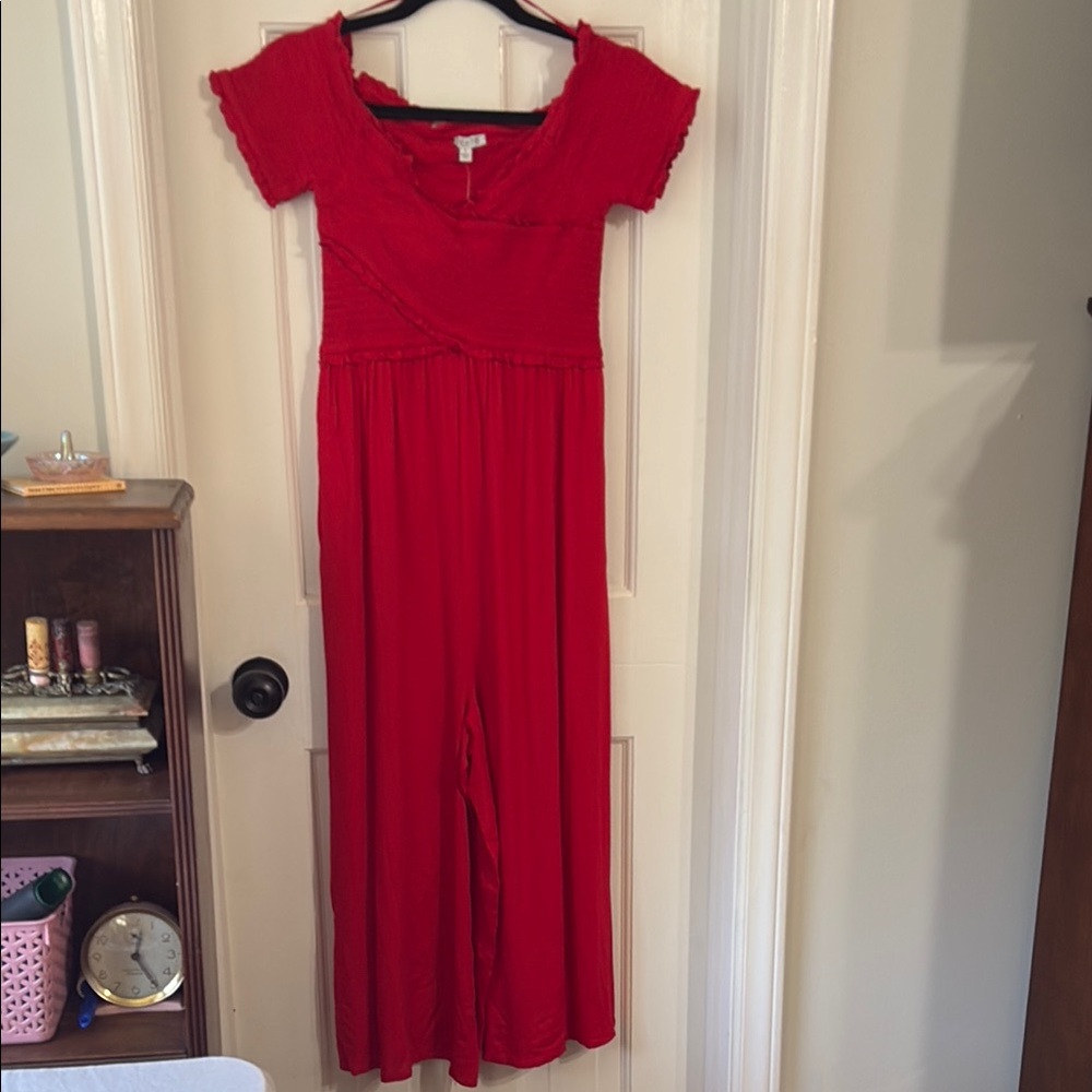 Red Ruched Tiered Maxi Pant Suit - small